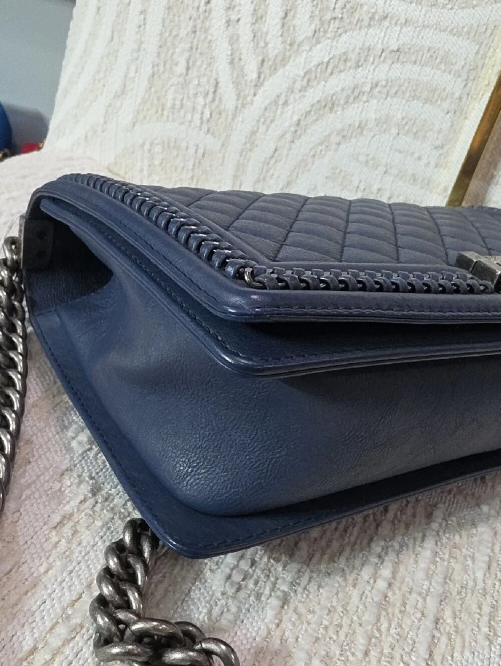 Chanel Boy Large Quilted Navy Leather Chain Top-Handle Shoulder Bag
